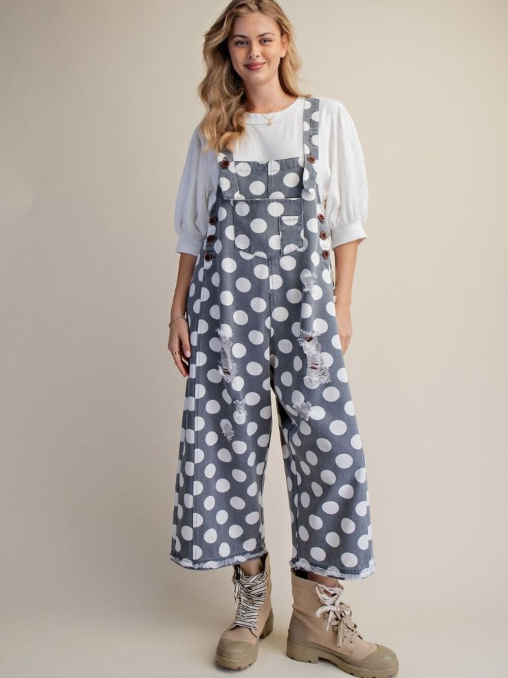 EASEL POLKA DOTS PRINT ENZYME WASHED TWILL OVERALL 100% COTTON
